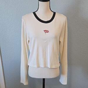 LEVI'S Women's Cream Long Sleeve Logo Shorter Waist Cropped Length Top Sz XL